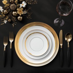 Wide Gold Rimmed Dinner Charger Plates for Wedding Fine Bone China Serving Plates Luxury Gold and White Coupe Plate Set