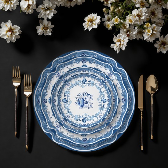 Fine Dining Restaurant Blue and White Plates Vintage English Floral Dinner Set for Wedding Elegant Bone China Dishes Plate