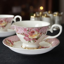 Wholesale Pink Rose Tea Cups and Saucer Set Vintage Fine Bone China Floral Teacup and Coffee Cup with Gold Rim