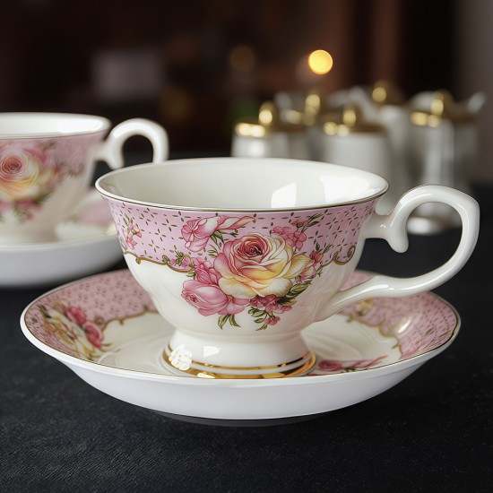 Wholesale Pink Rose Tea Cups and Saucer Set Vintage Fine Bone China Floral Teacup and Coffee Cup with Gold Rim