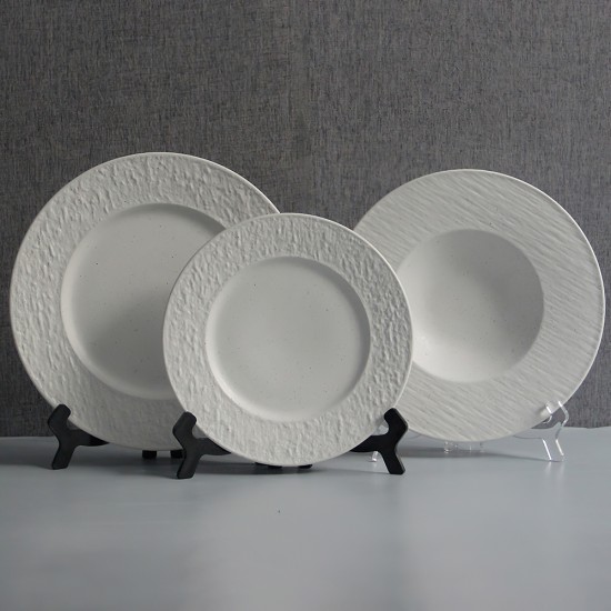 Wholesale White Stone Texture Plates for Catering Creative Embossed Steak Dinner Plate Ceramic Dessert Plate for Restaurant
