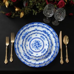 Wholesale Blue and White Floral Charger Plate Classic Bone China Flower Plate for Royal Wedding Dinner