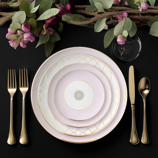 Factory Wholesale Pink Charger Plates with Gold Rim Fine Bone China Dinner Dishes Plates Ceramic Bohemian Style Wedding Plates