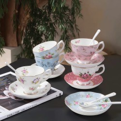 Factory Customised Floral Tea Cups and Saucer Set Fine Bone China Personalized Printing/Logo Arabic Teacup and Coffee Cups